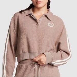VS PINK Taupe Long-Sleeve Cropped Polo Sweatshirt